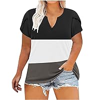 Plus Size Women Color Block Petal Short Sleeve T-Shirts Summer Casual Loose V Neck Trendy Oversized Tunic Tops