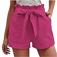 High Waist Lace Up Shorts for Women, Summer Baggy Linen Shorts Solid Casual Comfy Short Pants Wide Leg Short with Pocket