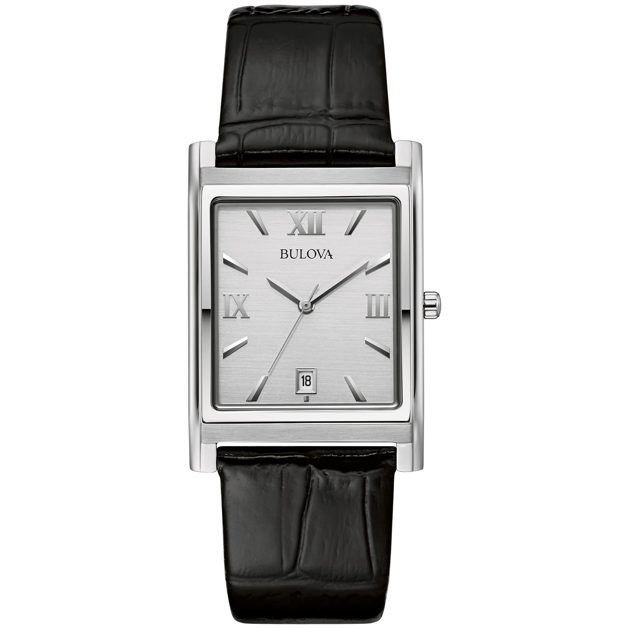 Bulova Men's Stainless Steel 3-Hand Calendar Date Quartz Watch with Black Leather Strap, Rectangle Dial Style: 96B107