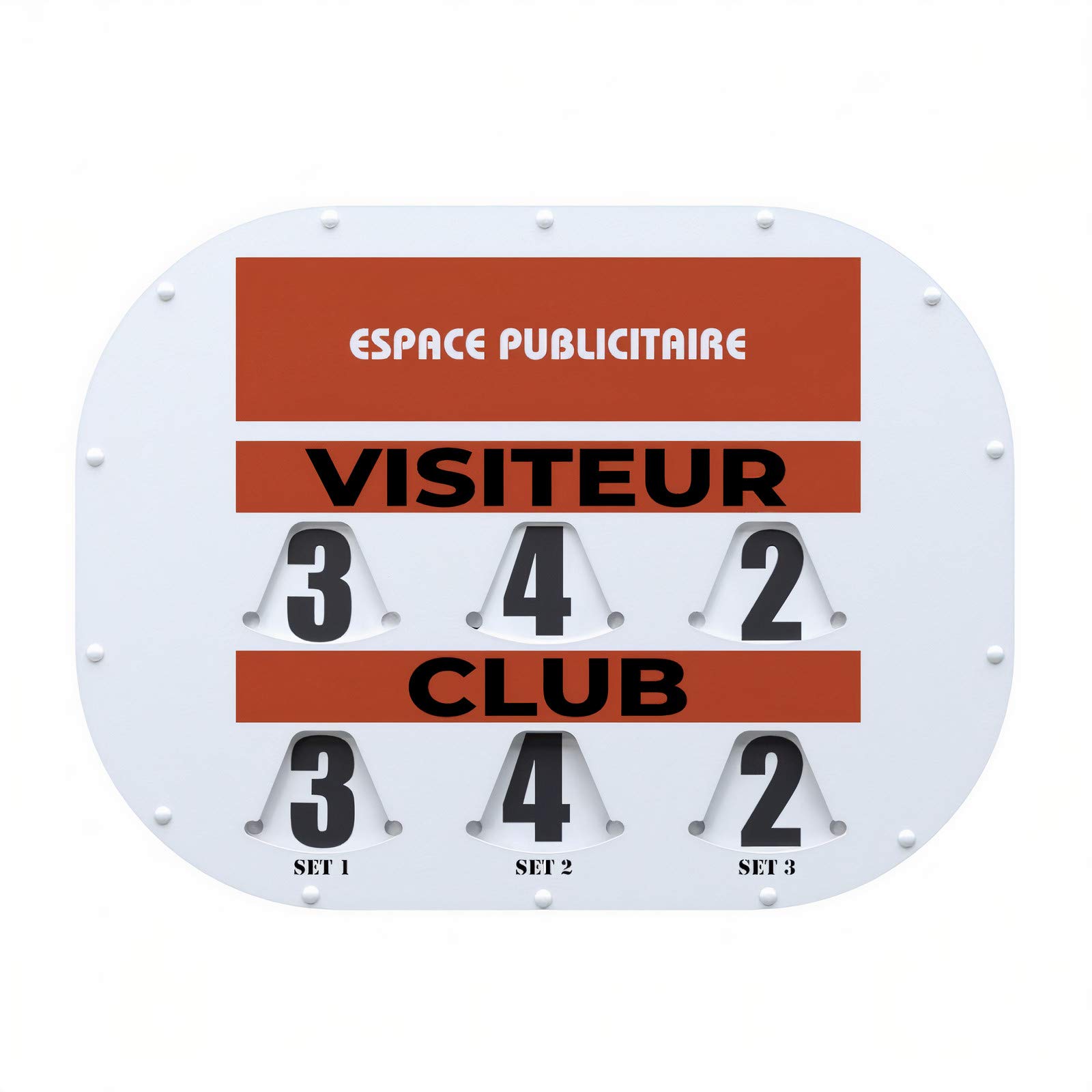Tennis Scorer, Manual display with rotating discs (80x60 Cliptec) made in France in PVC and guaranteed for 2 years, designed with an advertising space to make your club profitable