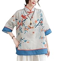 Women Chinese Style Retro Blouse Print Qipao Tops Casual Cotton Linen Shirt Traditional Hanfu