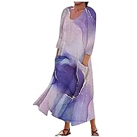 Women's Fashion Temperament Crewneck 3/4 Sleeve Marble Print with Pocket Beach Maxi Dress Swing Casual Maxi Sundress