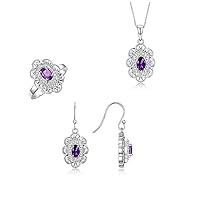 Rylos Matching Jewelry Set Sterling Silver Floral Pattern Halo Pendant Necklace, Earrings & Matching Ring. Gemstone & Diamonds, 18