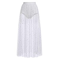 Women Shiny Stars Rave Skirt Flowy Mesh Tulle Maxi Skirts with Booty Bottoms Music Festival Clothes Halloween Costume