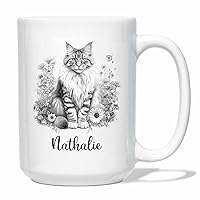 Personalized Maine Coon Cat White Coffee Mug Gifts For Cat Lovers, Maine Coon Cat Ceramic Coffee Cup 11 Oz 15 Oz, Customized Maine Coon Cat Travel Mug, Pencil Drawing Maine Coon Cups Mugs Custom Name