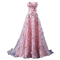 Floral Print Prom Evening Dresses Long 3D Flower Ball Gown Quinceanera Dress Pink