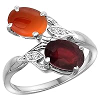 Silver City Jewelry 14k White Gold Diamond Enhanced Genuine Ruby & Natural Brown Agate 2-Stone Ring Oval 8x6mm, Size 7