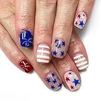 24Pcs Independence Day Press on Nails Short Star False Nails 4th of July Glue on Nails Five-pointed Star Designs Red White Blue Glossy Reusable Natural Fit Full Cover Stick on Nails for Women Manicure