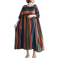 Versear Vintage Cotton Linen Dress Striped Print Dress O Neck Loose Casual Beach Maxi Dress Half Sleeve Pockets