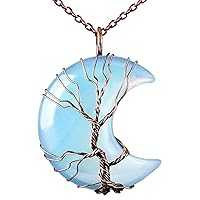 Bivei Tree of Life Crescent Moon Necklace Copper Wire Wrap Natural Gemstones Pendant Crystals and Healing Stones Necklace