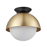 Globe Electric Oswald 1-Light Flush Mount, Matte Brass, Matte Black Accent Canopy, Frosted Glass Shade, Bulb Not Included