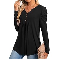 BISHUIGE Womens Casual Fall Top V Neck Loose Tunic Button Pleated Blouses