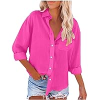 Womens Cotton Linen Button Down Shirts Rolled Sleeve Collared V Neck Tops Shirts Blouses Dress for Women Western Wear