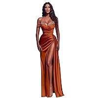 Satin Prom Dresses for Women Mermaid Rhinestone Formal Dresses Off Shoulder Evening Gowns with Slit