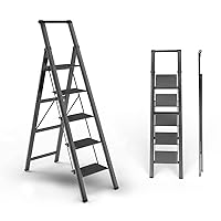 SOLADDER 5 Step Ladder, Folding Step Stool, Lightweight Aluminum Foldable Black Ladder for 10 Foot High Ceiling with Anti-Slip Wide Sturdy Pedal and Handgrip, Multi-Use for Home (300 lbs Capacity)