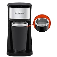 EHC114 Personal Single-Serve Compact Coffee Maker Brewer Includes 14Oz. Thermal Travel Mug with Stainless Steel Interior, Compatible with Coffee Grounds, Reusable Filter, Black