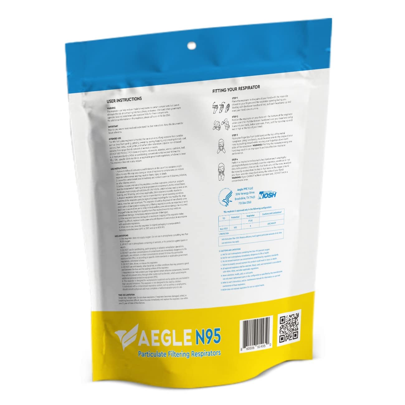 Aegle N95 Mask USA, NIOSH-approved, 50 Pack in anti-counterfeit packaging, Particulate Respirator, STS-F100