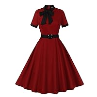 Bowknot Mock Neck Vintage 1950s Cocktail Dress for Women Belted Waist-Defined Office Work A-Line Swing Dresses