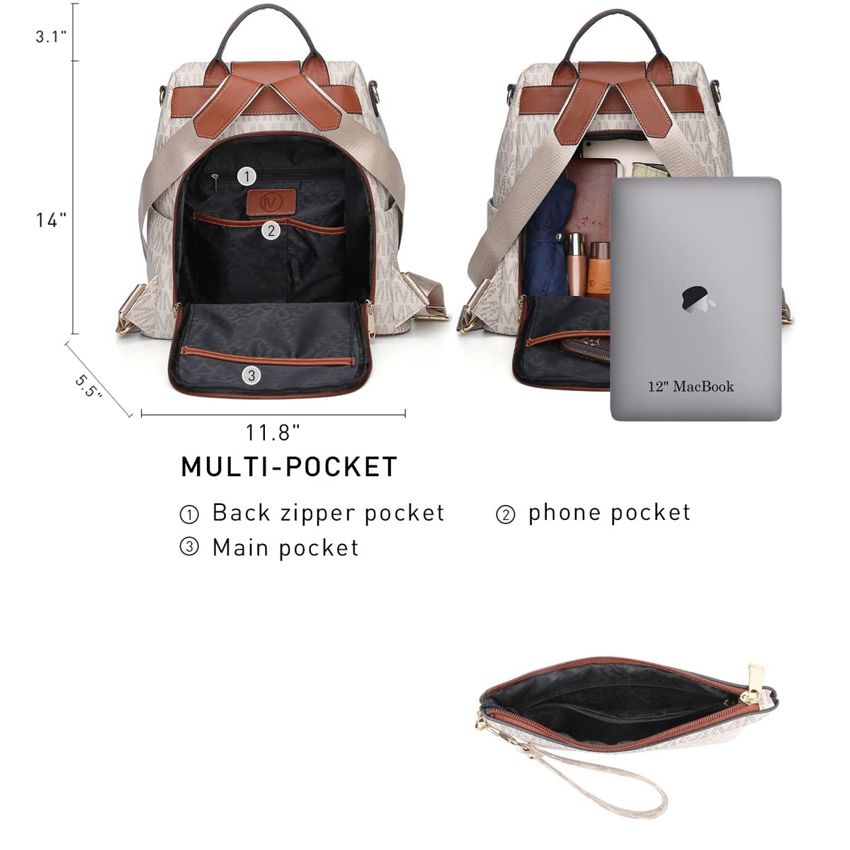 MKP COLLECTION Women Fashion Backpack Purse Multi Pockets Anti-Theft Rucksack Ladies Travel Shoulder Bag Handbag Set 2pcs