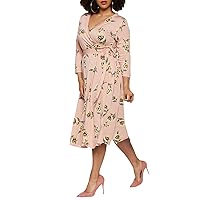 Pink Queen Womens V Neck Plus Size Floral Dresses Summer 3/4 Sleeve Party Dress 4XL Pink