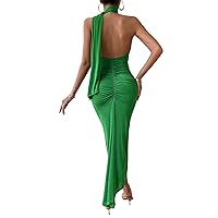 OYOANGLE Women's Bodycon Sleeveless Halter Backless Ruched Maxi Dress Wedding Guest Dresses
