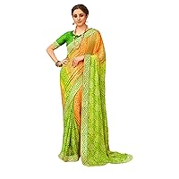 Green Orange Bandhej Printed Woman Designer Chiffon Saree Blouse Gota & Banarasi Border Indian Festival Sari 3679