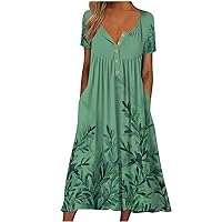 Women's Dress Bohemian Summer Floral Printed Button Down Midi O Neck Short Sleeve Casual Dresses with Pockets Beach Dress