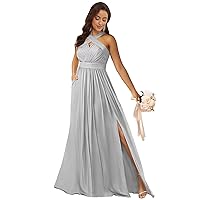 Silver Bridesmaid Dress Halter Long Chiffon Formal Dresses with Pockets Evening Gown for Women Size 6