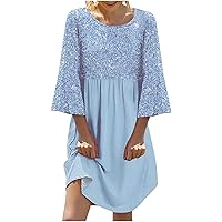 Ladies 3/4 Bell Sleeve Dresses Floral Dresses for Women Crewneck Beach Hawaiian Pleated Midi Dresses 2024