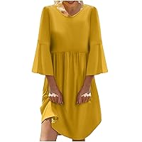 Women's Casual 3/4 Sleeve Loose Ruched Waist Summer Flare Dress Beach Flowy Shirt Dress Cotton Linen A Line Dresses