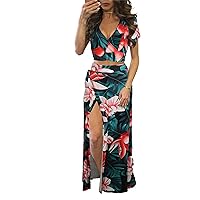 Women Sexy 2 Piece Outfits Dress Summer Chiffon Deep V Neck Crop Top Floral Printed High Split Maxi Dresses Skirt Set