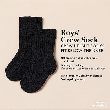 Amazon Essentials Unisex Kids and Toddlers' Cotton Crew Socks, 10 Pairs