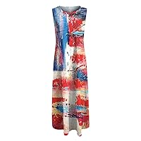 Women's Casual Loose-Fitting Summer Round Neck Glamorous Dress Swing Print Sleeveless Long Floor Maxi Flowy Beach