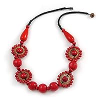 Avalaya Ethnic Red Wood Bead Black Cord Necklace - 60cm L