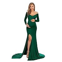 ZIUMUDY Elegant Fitted Maternity Gown Side Split Off Shoulder Long Sleeve Maxi Photography Dress Baby Shower