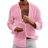 Button Down Linen Shirts for Men Casual Long Sleeve Loose Fit Lapel Beach Shirts Solid Lightweight Tops 2024
