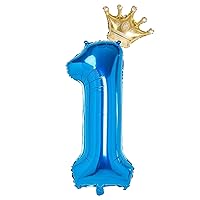 1 Number Balloon Blue 40 inch Big Foil Crown Helium 1st Balloons for 1 Year Old Boy Girl Birthday Party Decorations Wedding Anniversary Events Supplies