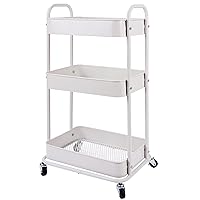 YOHKOH 3-Tier Metal Rolling Utility Cart, Storage Trolley Cart with Mesh Baskets and Lockable Wheels for Bathroom Kitchen Office(White)