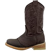 Kids Grizzly Brown Western Cowboy Boots Leather Solid Square Toe
