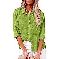 Womens Cotton Linen Button Down Shirt 2024 Casual Long Sleeve Solid Color Shirts Loose Work Tops with Pockets