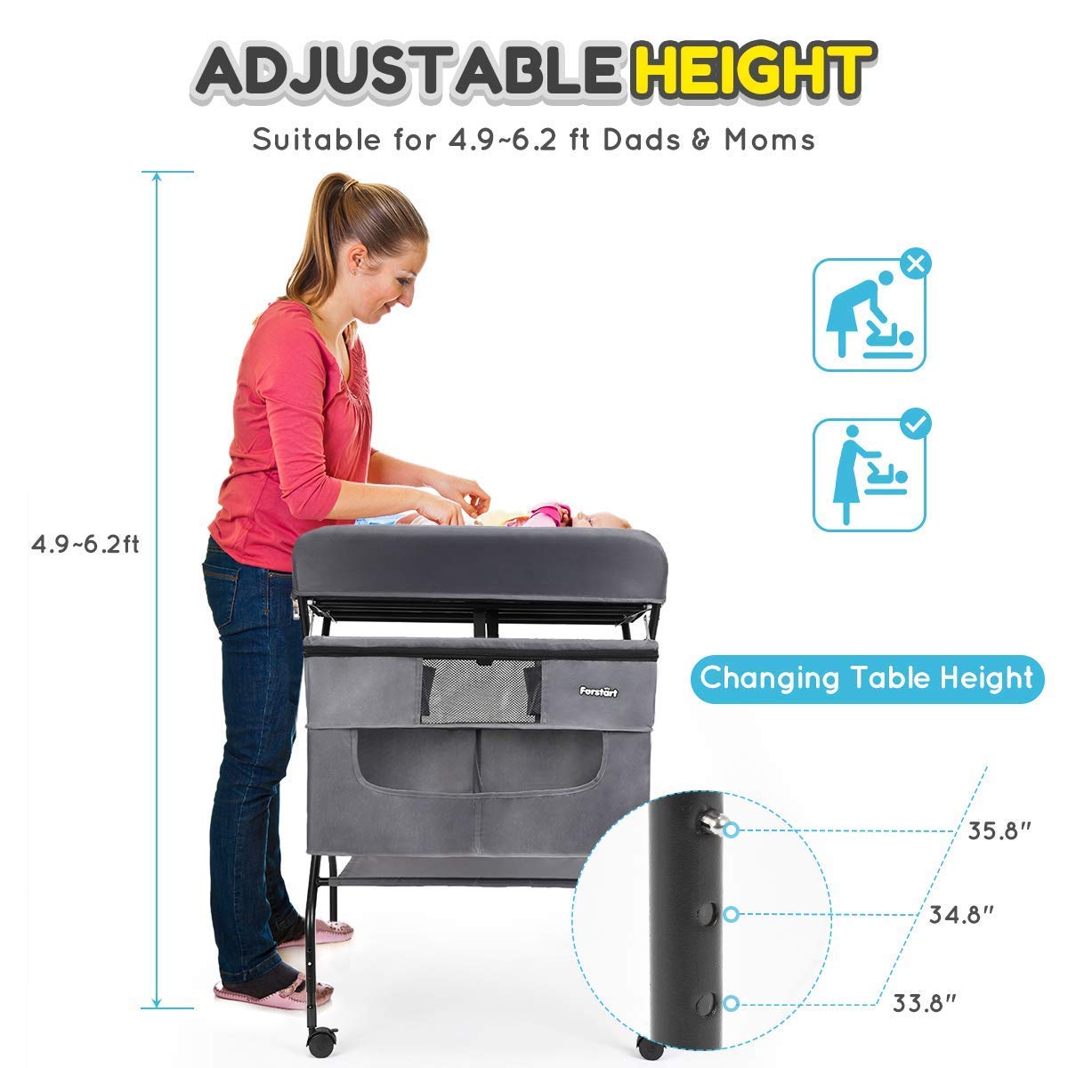 Rolling Baby Changing Table with Wheels, FORSTART Adjustable Height Folding Infant Diaper Station Portable Mobile Nursery Organizer with Newborn Lightweight Storage Rack