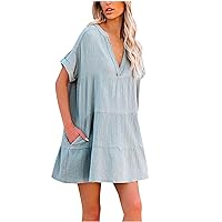 Women's Casual Summer Flowy Swing Dress Short Sleeve Mini Dress Print Beach V Neck Tunic Dress Cover-up with Pockets