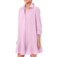 Women's Tunic Mini Shirt Dress Cotton Long Sleeve Ruffle Hem Dress Button Up Shift Chambray Dresses 2024