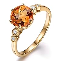 Fashion Natural Citrine Gemstone Wedding Promise Real Diamond Bridal Lover's 14K Solid Yellow Gold Band Ring