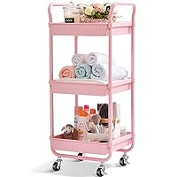 TOOLF 3-Tier Storage Rolling Cart, Kitchen Utility Cart with Wheels, Plastic Organizer Cart, Rolling Trolley Shelving Unit, Small Rolling Cart for Bathroom Snack Bedside Dorm Baby Nursery Diaper Pink