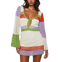 Y2K Sexy Backless Knitted Short Dress Cut Out Slim Fit Sweater Mini Dress Rainbow Striped Knit Crochet Dress Summer