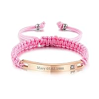 Customized Braided Rope Bracelets with Stainless Steel Engraved Plate Birthstones Handmade Adjustable Bracelets Gifts for Women Men Couples Friendship Families