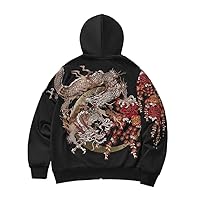 Chinese Flower Embroidery Hip Hop Black Hoodie Japanese Streetwear Zip Up Loose Sweatshirt