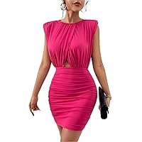 Women's Dress Solid Ruched Cut Out Front Bodycon Dress - Elegant Short Sleeveless Pencil Dress