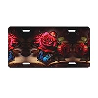 Beautiful Flower Butterfly Roses Print License Plate 6 x 12 in Aluminum Metal License Plate Cover Personalized Waterproof Front License Plate Car Tag for Any Vehicle